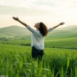 Uma mulher em pé no campo, abraçando a natureza e o céu, simbolizando a força e a graça das mulheres no Dia Internacional da Mulher de 2025.