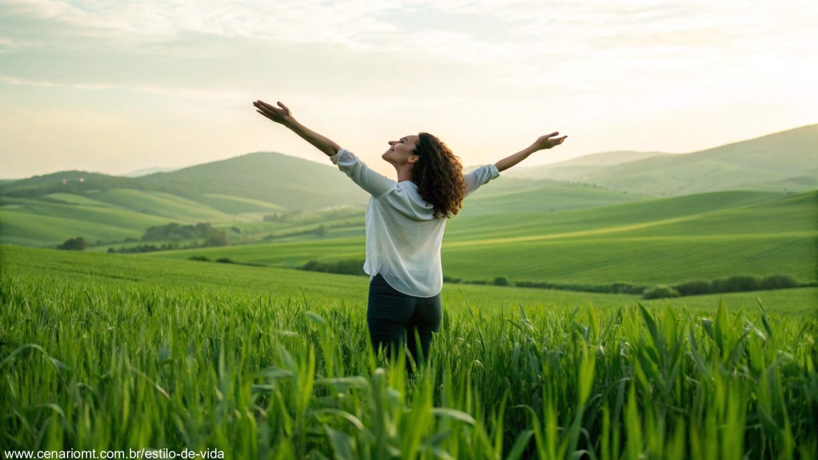Uma mulher em pé no campo, abraçando a natureza e o céu, simbolizando a força e a graça das mulheres no Dia Internacional da Mulher de 2025.