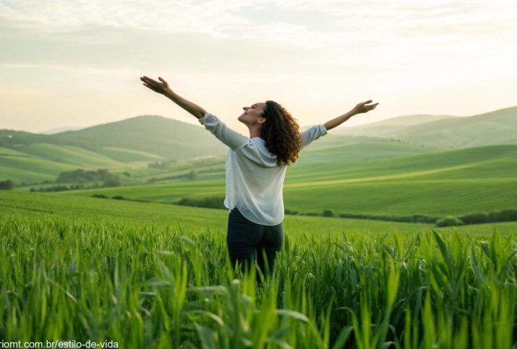 Uma mulher em pé no campo, abraçando a natureza e o céu, simbolizando a força e a graça das mulheres no Dia Internacional da Mulher de 2025.