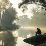 Cena tranquila de uma manhã serena com luz suave filtrada por árvores, refletindo serenidade e paz.