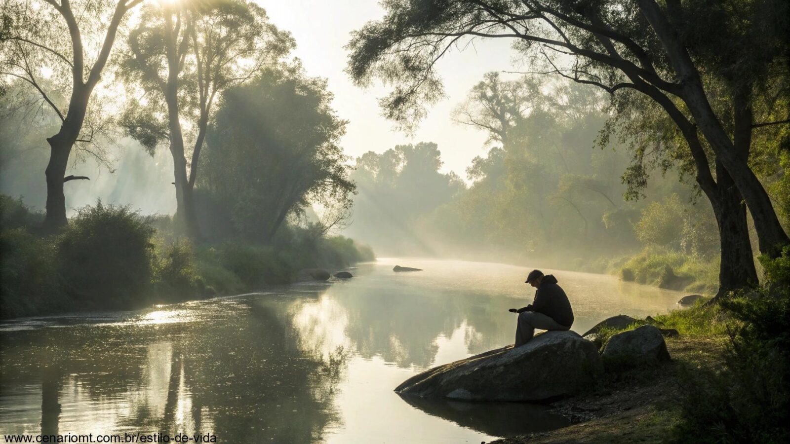 Cena tranquila de uma manhã serena com luz suave filtrada por árvores, refletindo serenidade e paz.
