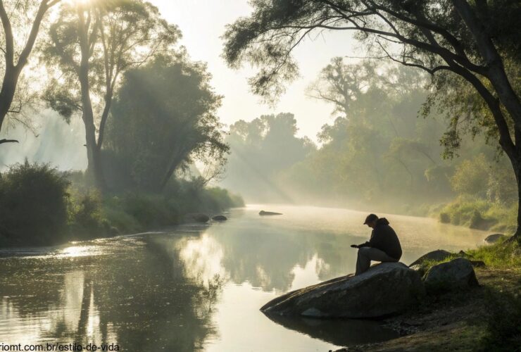 Cena tranquila de uma manhã serena com luz suave filtrada por árvores, refletindo serenidade e paz.