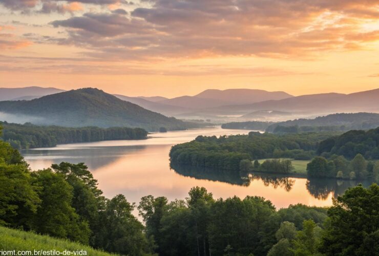 Paisagem serena ao amanhecer com cores suaves no céu, refletindo tranquilidade.