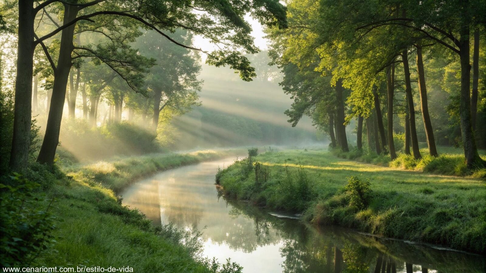 Paisagem serena com luz suave da manhã, um riacho tranquilo fluindo por uma floresta verdejante, com raios de sol filtrando pelas árvores.