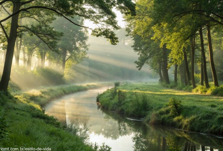 Paisagem serena com luz suave da manhã, um riacho tranquilo fluindo por uma floresta verdejante, com raios de sol filtrando pelas árvores.