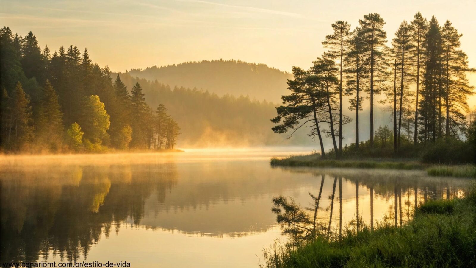 Paisagem serena com lago calmo e árvores ao fundo, simbolizando reflexão espiritual