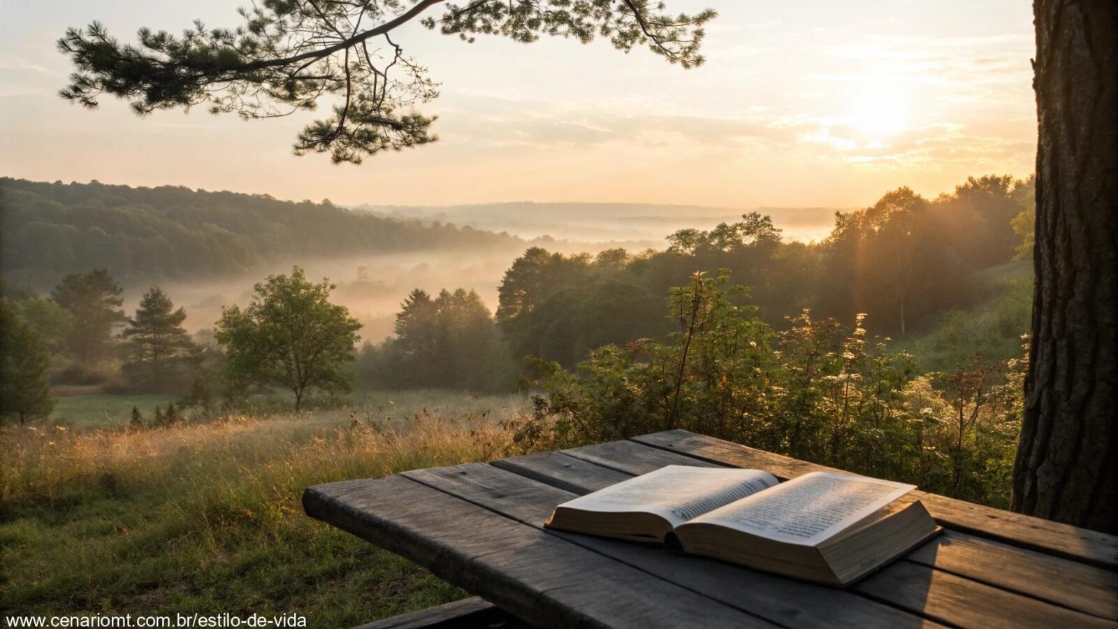 Paisagem serena ao nascer do sol com uma Bíblia aberta em uma mesa de madeira, cercada pela natureza, simbolizando reflexão e inspiração