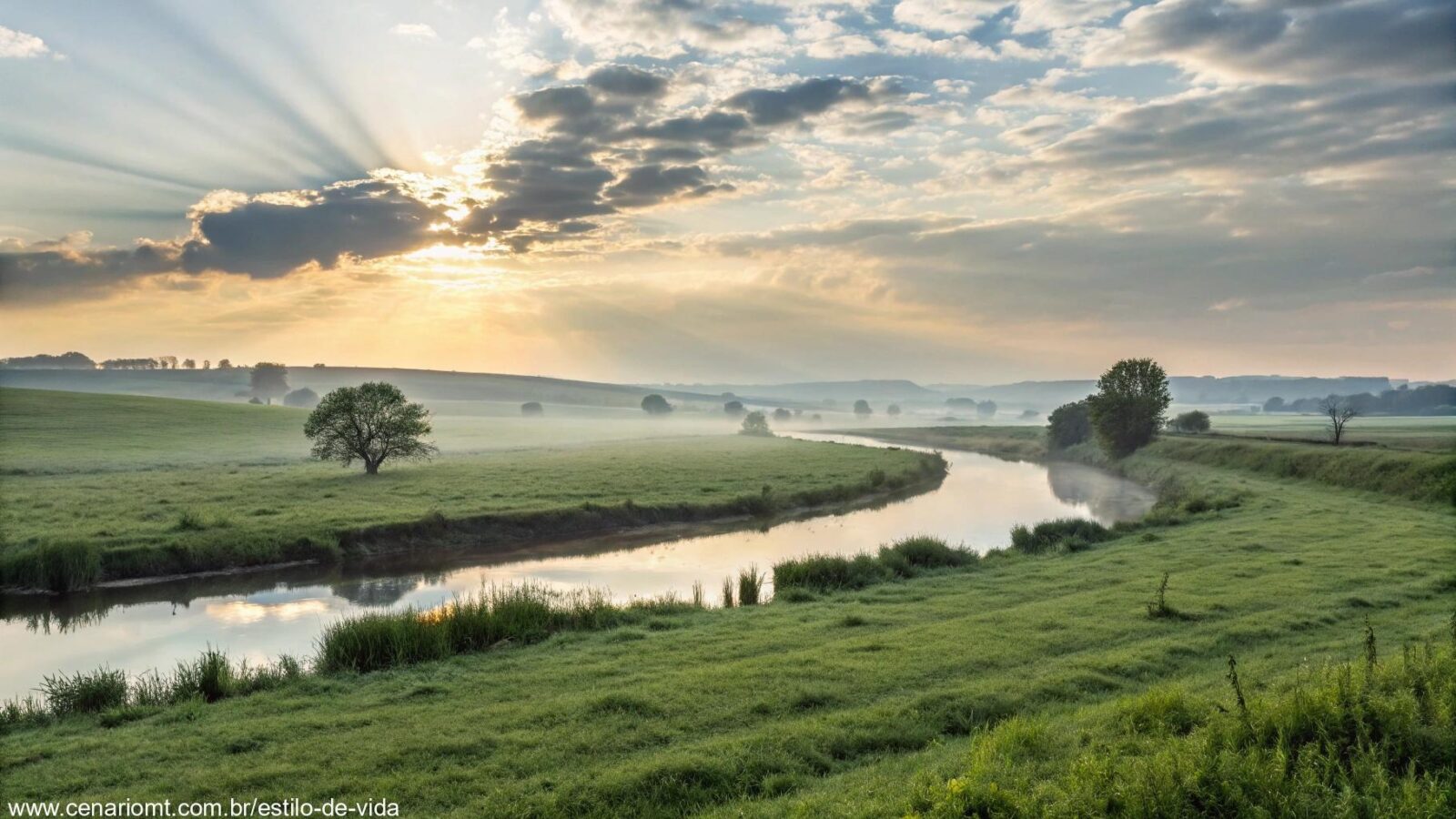 Paisagem serena e tranquila ao amanhecer, com luz suave do sol iluminando um campo de grama verde e um rio calmo fluindo pela cena.