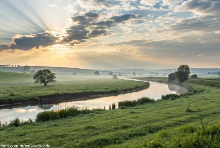 Paisagem serena e tranquila ao amanhecer, com luz suave do sol iluminando um campo de grama verde e um rio calmo fluindo pela cena.