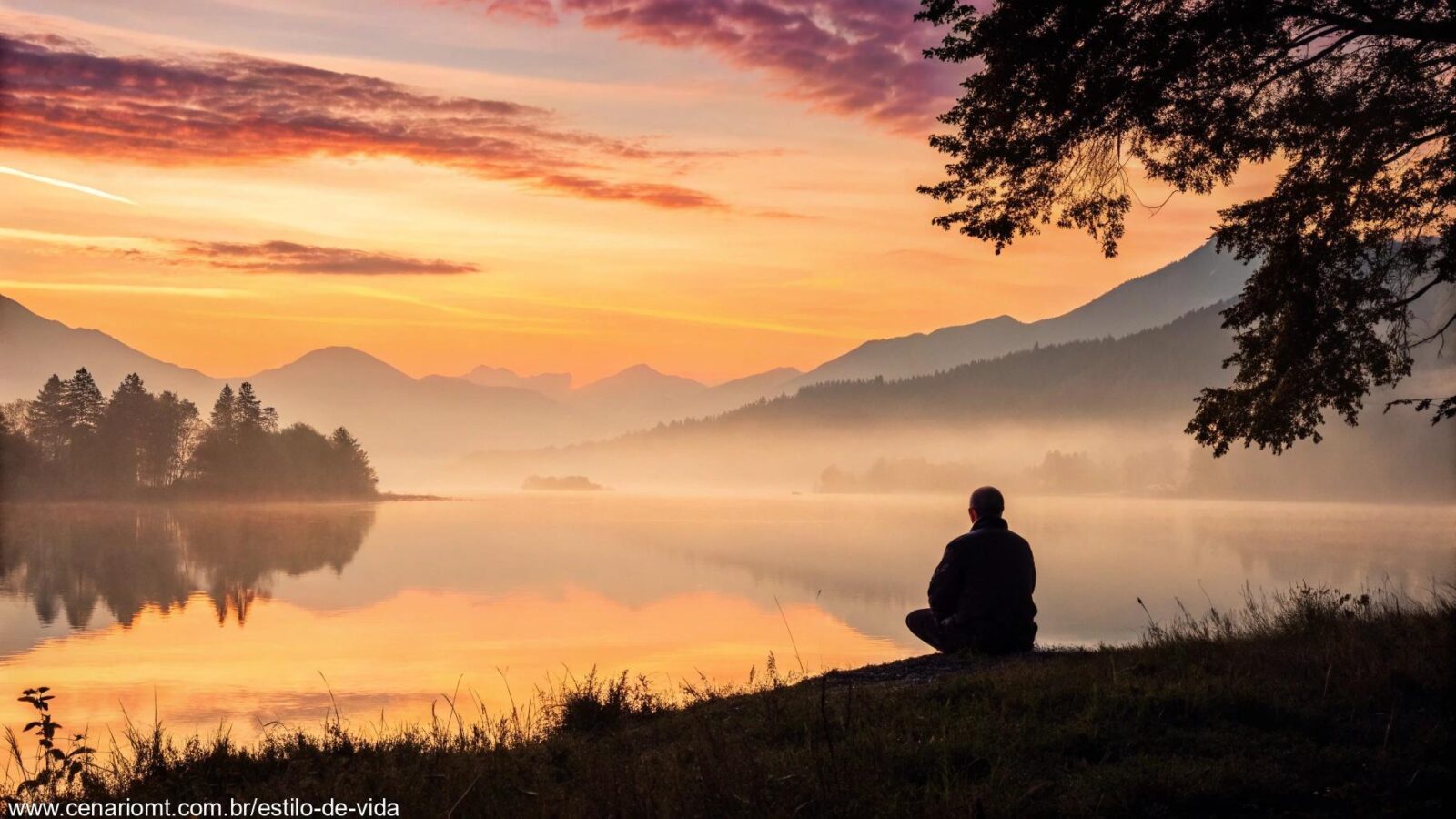 Paisagem tranquila ao amanhecer com um lago calmo, simbolizando a reflexão espiritual.
