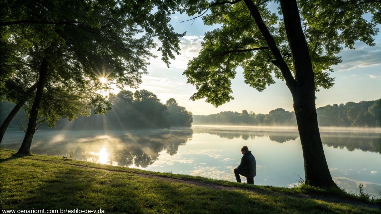 Cena tranquila de manhã com luz suave filtrando pelas árvores e um lago sereno refletindo o céu, simbolizando a gratidão e a confiança.