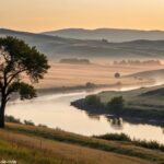 Paisagem serena ao nascer do sol com colinas suaves, um rio calmo refletindo a luz e uma árvore solitária em destaque, simbolizando reflexão e inspiração.