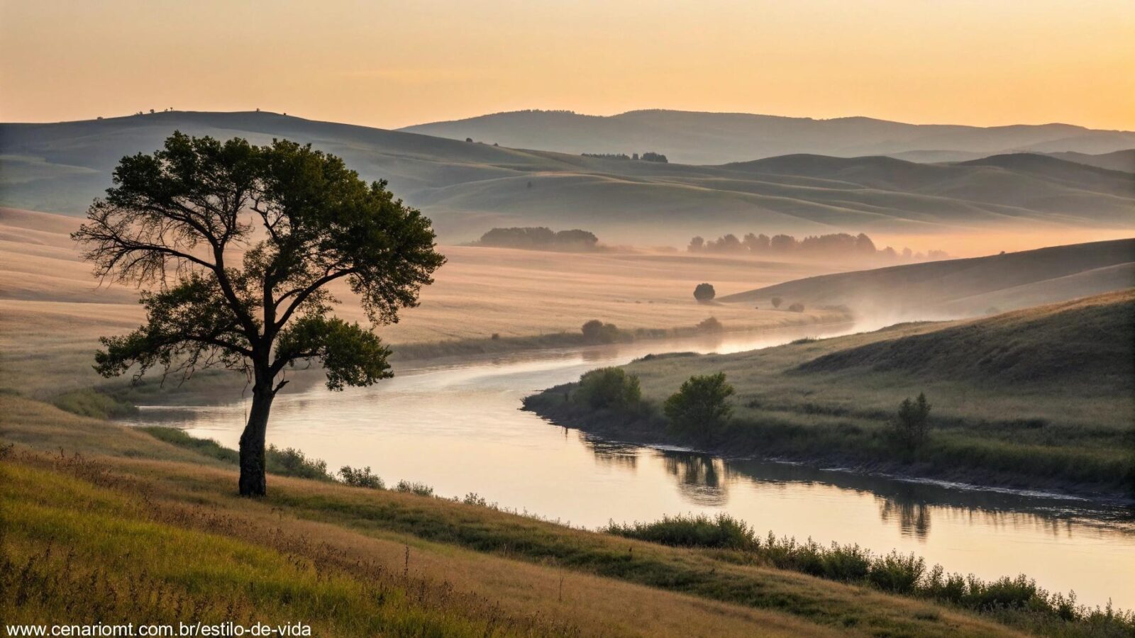 Paisagem serena ao nascer do sol com colinas suaves, um rio calmo refletindo a luz e uma árvore solitária em destaque, simbolizando reflexão e inspiração.