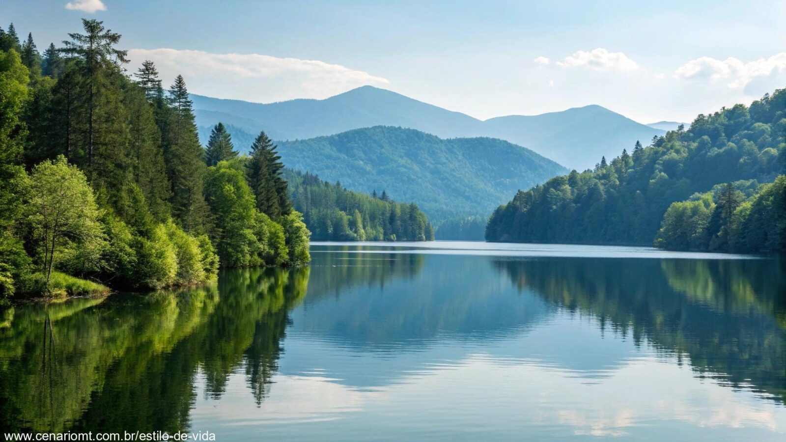 Uma cena tranquila da natureza com um lago calmo refletindo o céu claro, rodeado por árvores verdes e montanhas ao fundo.