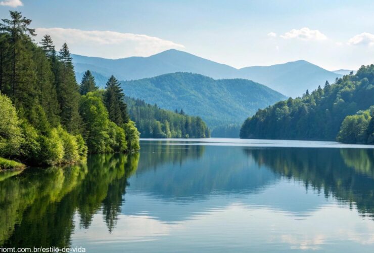 Uma cena tranquila da natureza com um lago calmo refletindo o céu claro, rodeado por árvores verdes e montanhas ao fundo.
