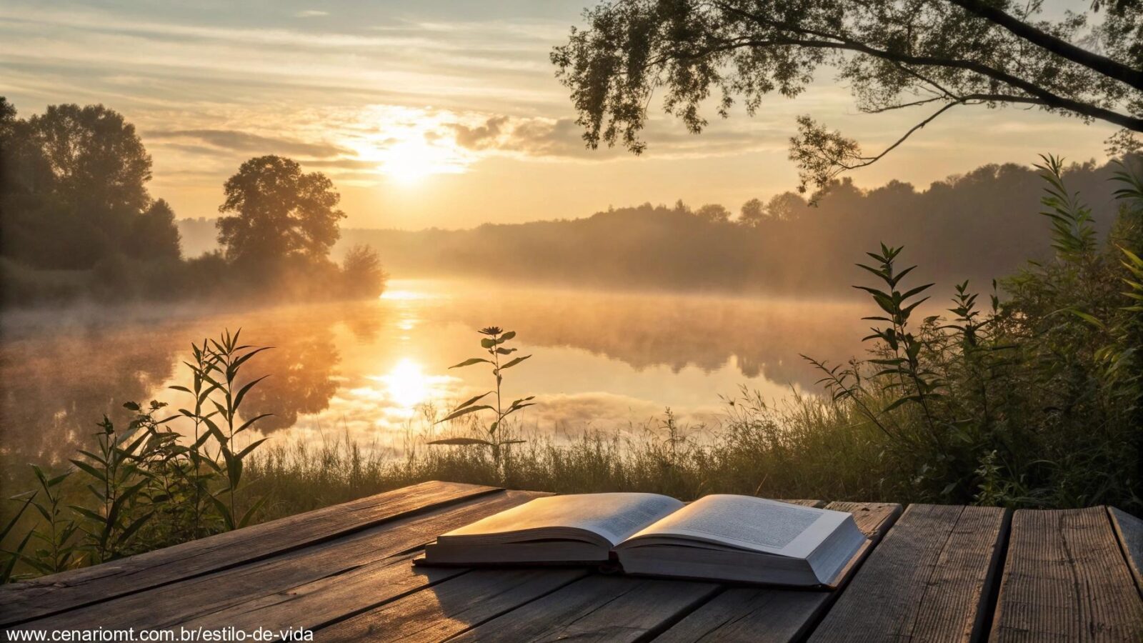 Um nascer do sol sereno sobre um lago calmo com uma Bíblia aberta em uma mesa de madeira, cercada por natureza, simbolizando paz e reflexão.