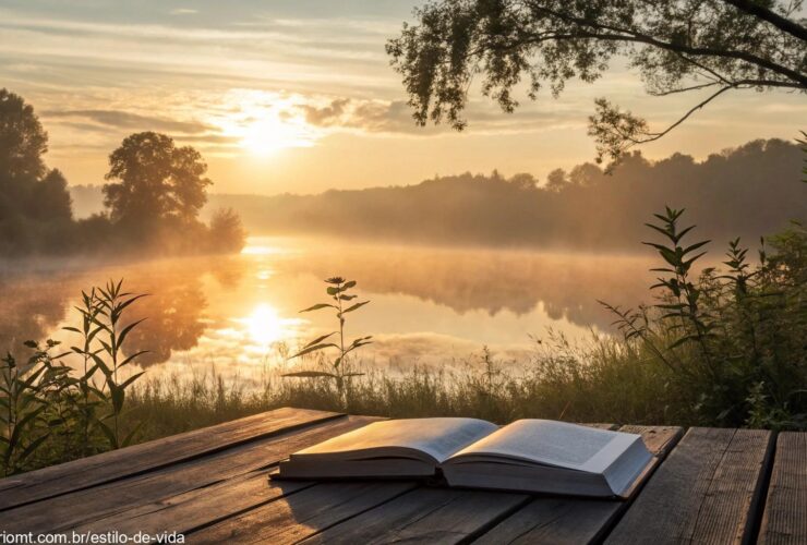Um nascer do sol sereno sobre um lago calmo com uma Bíblia aberta em uma mesa de madeira, cercada por natureza, simbolizando paz e reflexão.