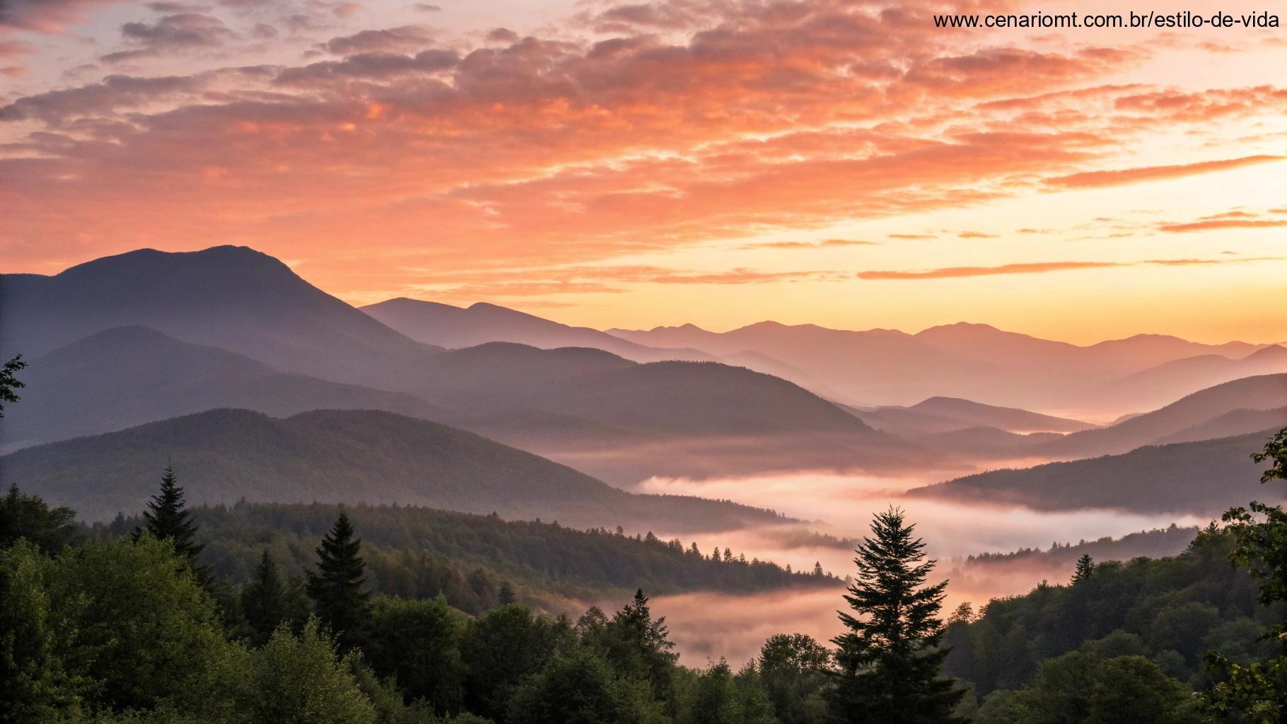 Uma manhã suave e tranquila com o nascer do sol sobre uma cadeia de montanhas silenciosas, representando calma e inspiração, perfeita para meditação e reflexão bíblica.