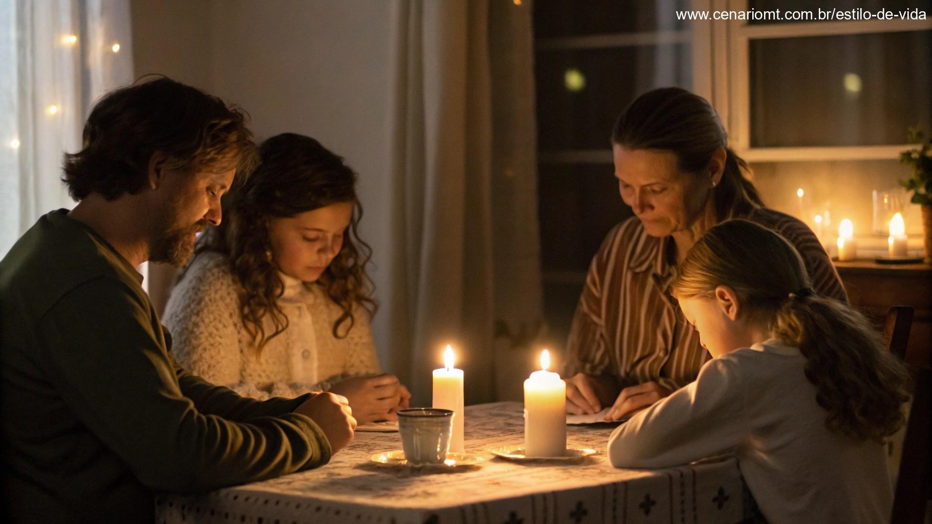 Imagem de uma família reunida em torno de uma mesa, tendo um momento de oração juntos, com luz suave de velas criando um ambiente íntimo e acolhedor.