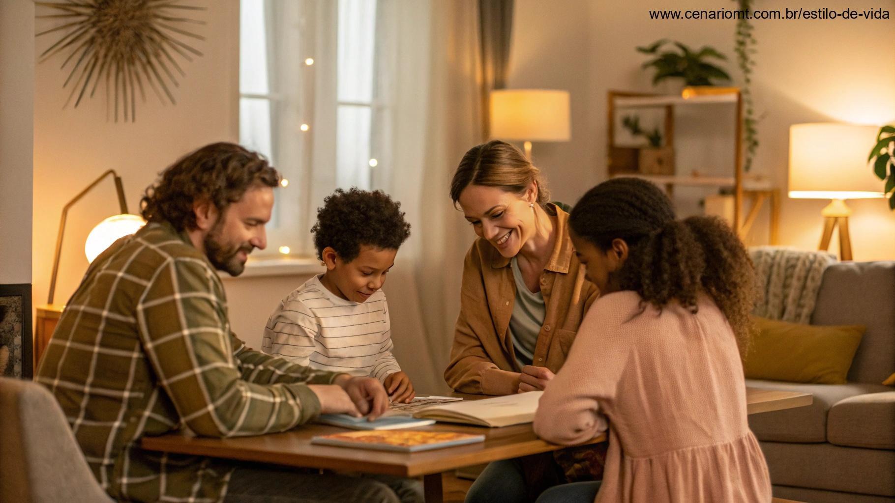 Família reunida ao redor da mesa lendo a Bíblia em harmonia.