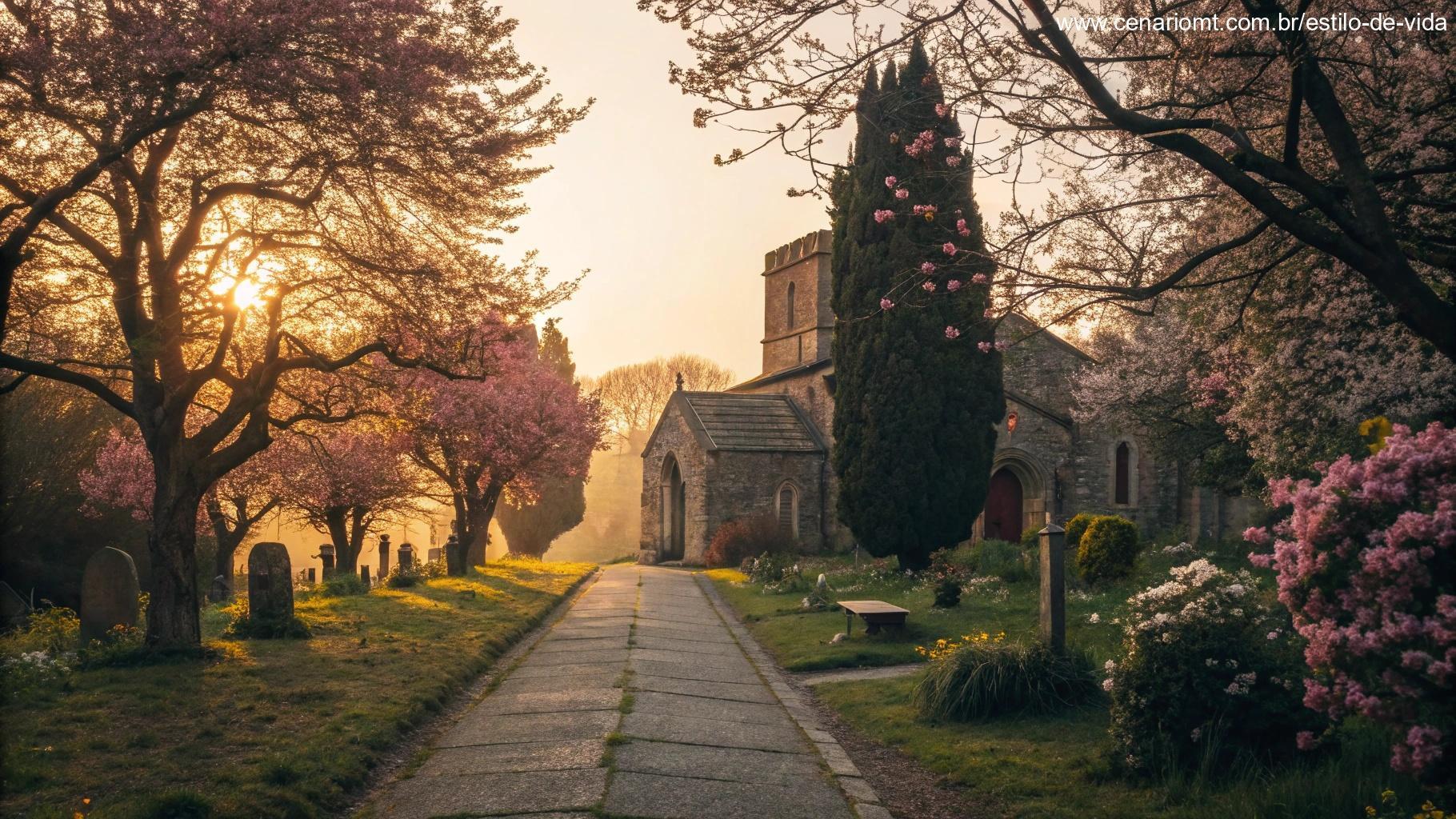 Caminho levando a uma igreja antiga, simbolizando a jornada de fé e o legado dos santos.