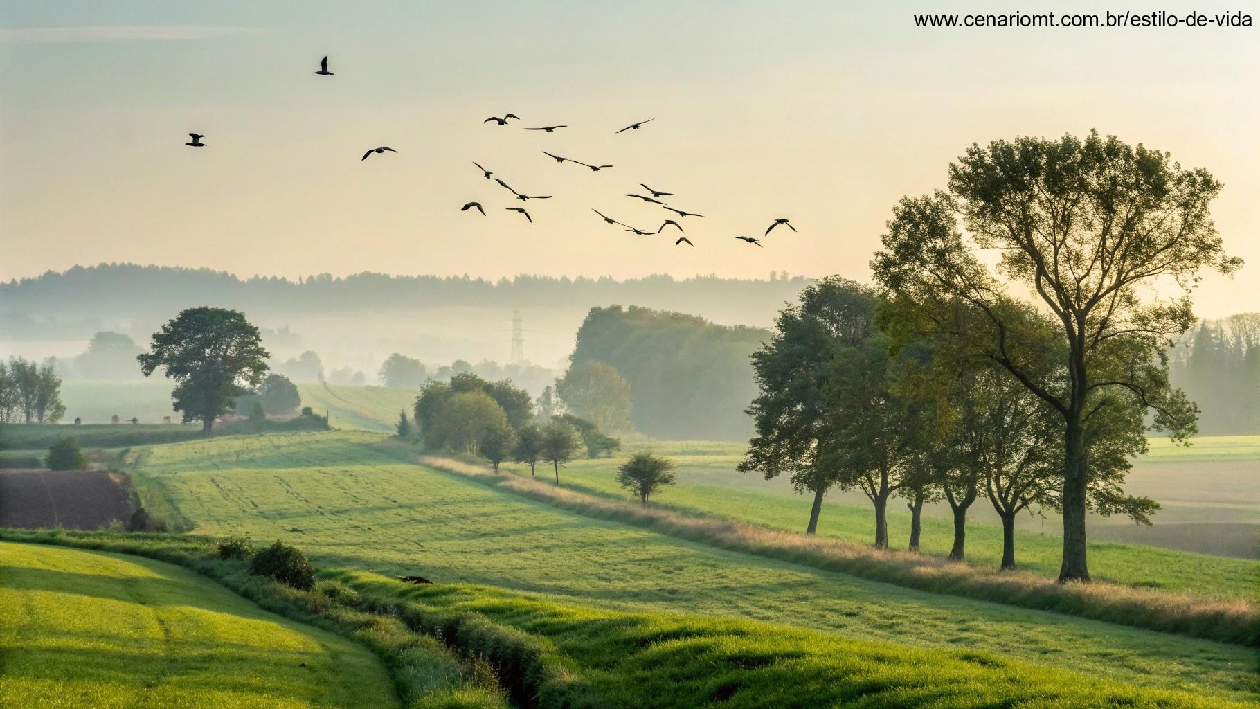 Ambiente sereno e pacífico com campos verdes, aves voando no céu, e uma brisa suave soprando pelas árvores, simbolizando o viver da fé e oração no cotidiano.