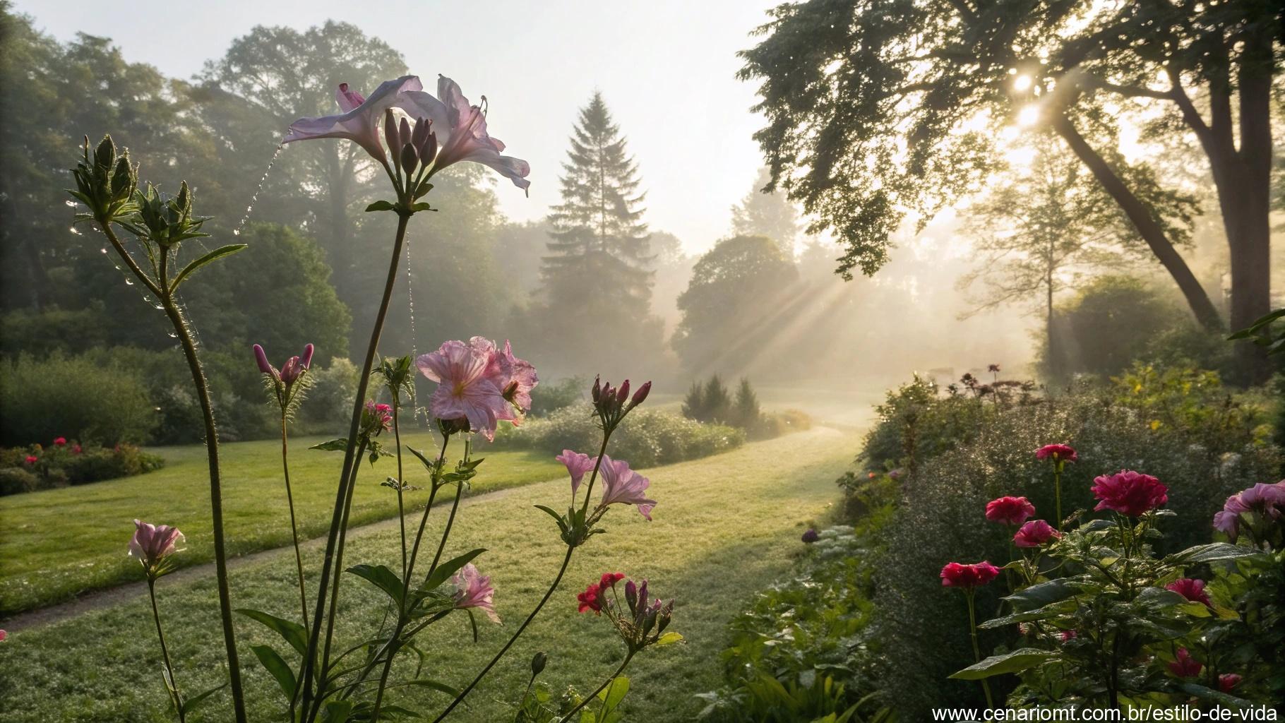 Cena tranquila de manhã com flores cobertas de orvalho em um jardim exuberante, simbolizando viver com gratidão a cada dia.