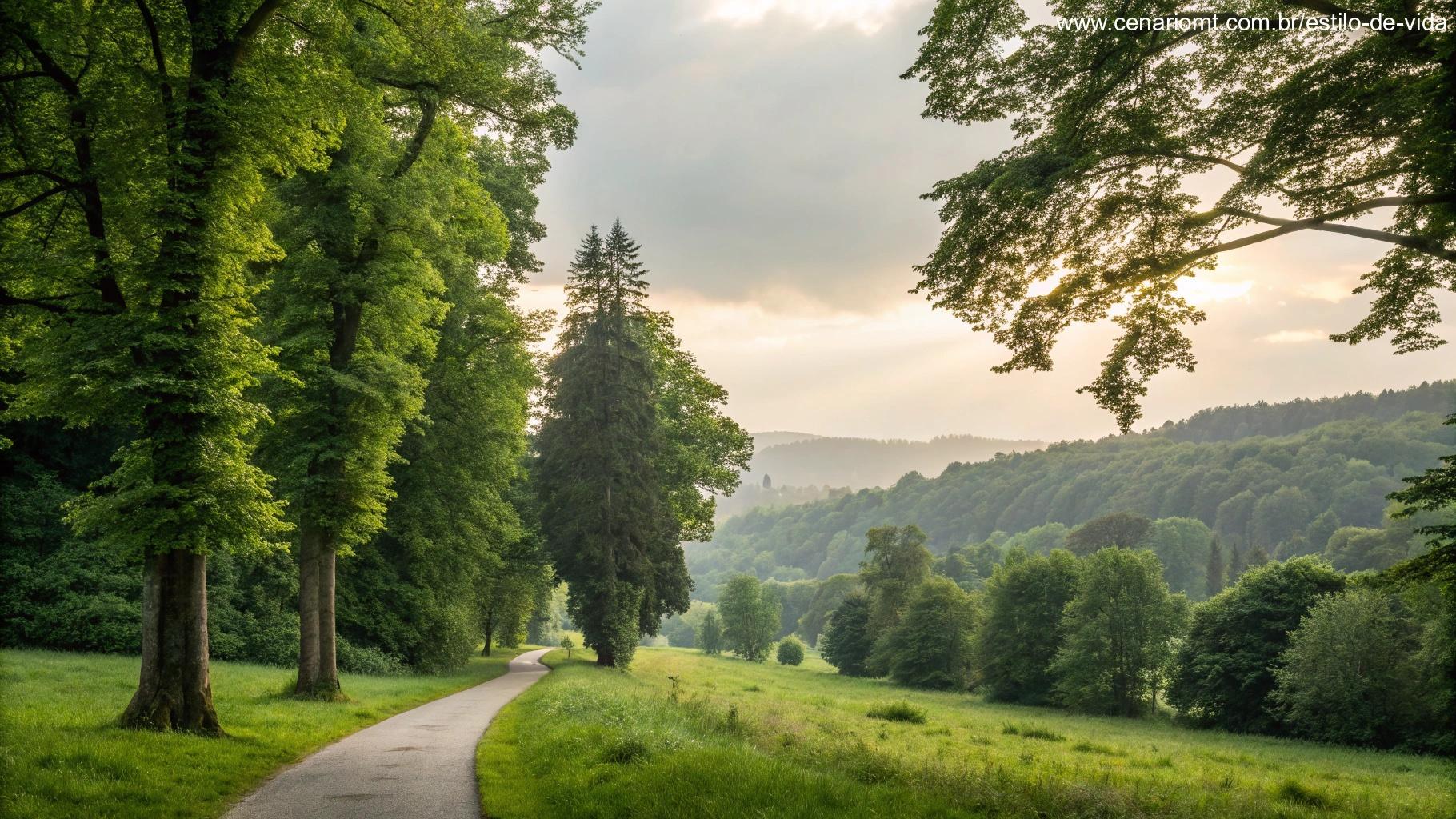 Imagem de uma paisagem tranquila com um caminho que leva através de uma floresta verdejante, simbolizando a jornada de viver segundo os ensinamentos do santo.