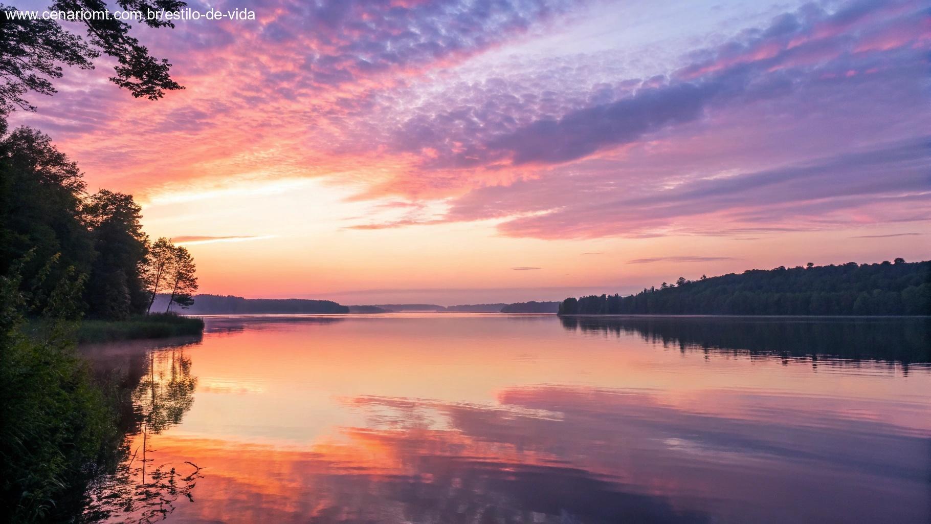 Imagem serena de um amanhecer sobre um lago calmo, com cores suaves refletindo na água, simbolizando gratidão e um novo começo.