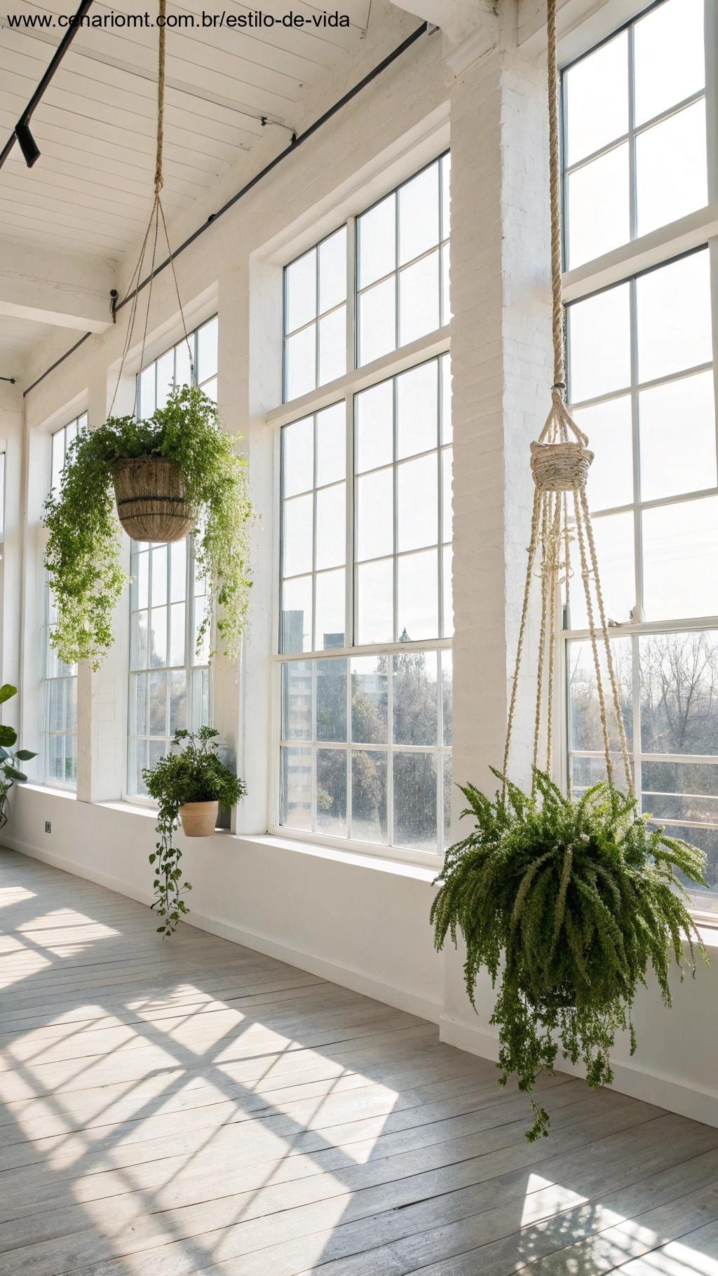 Escolha o lugar ideal para as plantas suspensas em sua casa, mostrando uma sala arejada com o lugar perfeito para suspender as plantas.