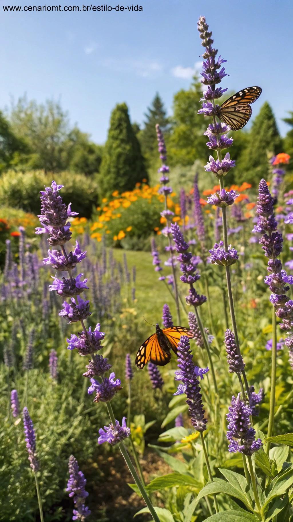 Lavanda florida em jardim ensolarado com beija-flores e borboletas