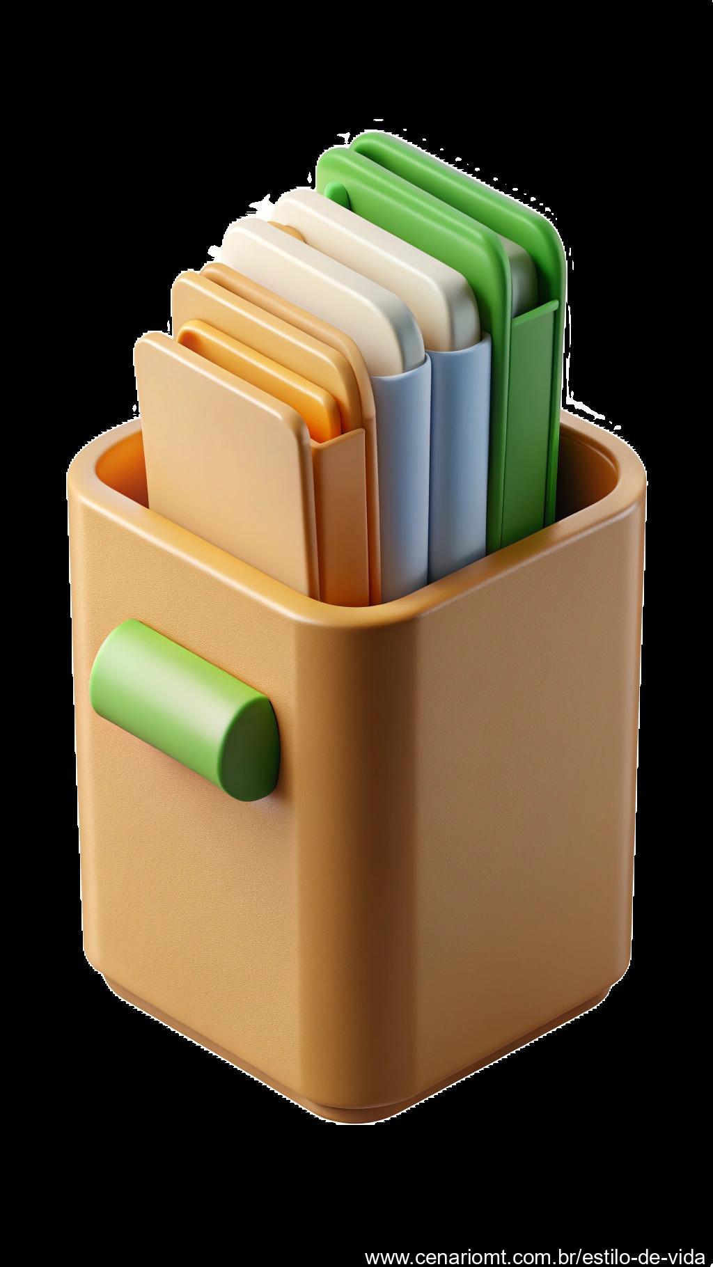 Organizador de documentos feito com materiais reciclados como caixas de leite.