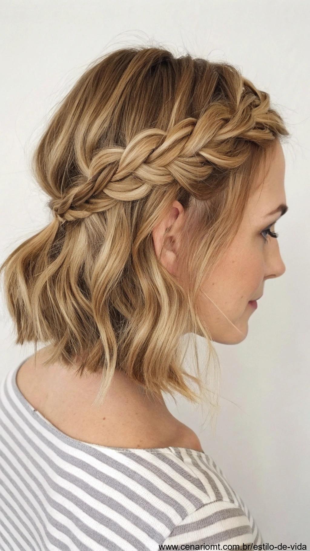 Penteado trançado simples e elegante para cabelos curtos, com um acabamento solto e relaxado.