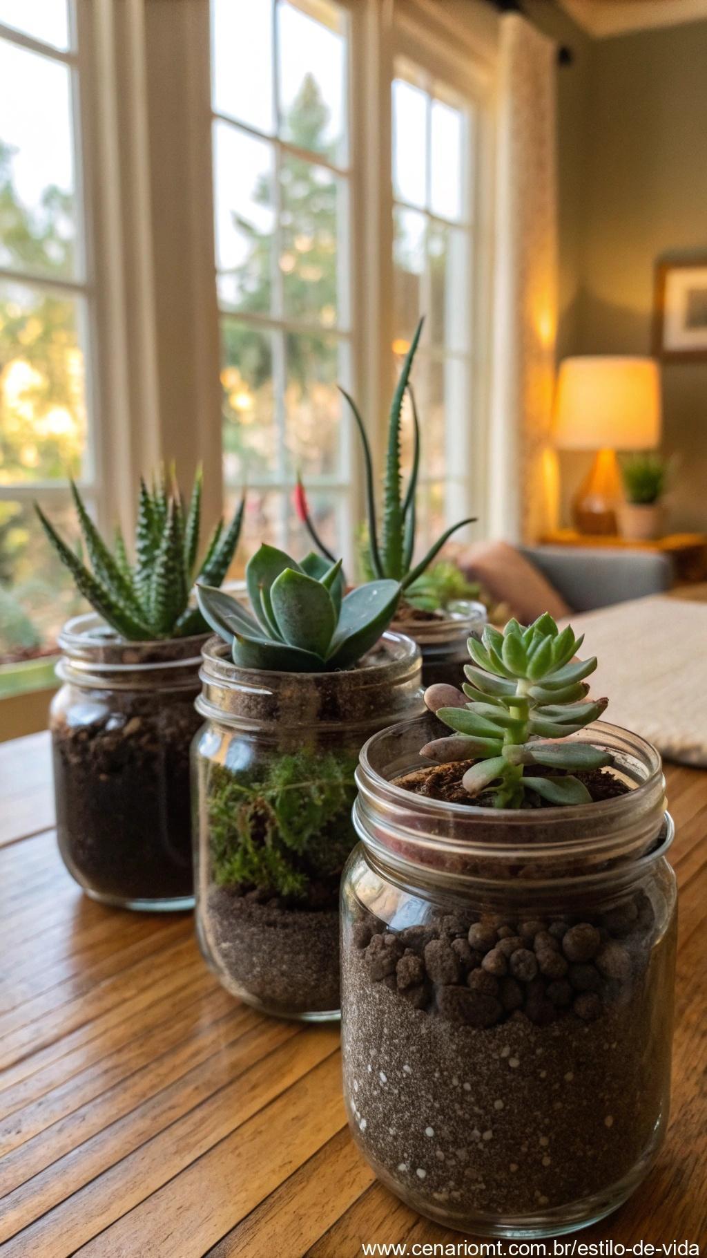 Potes de vidro transformados em vasos para plantas.