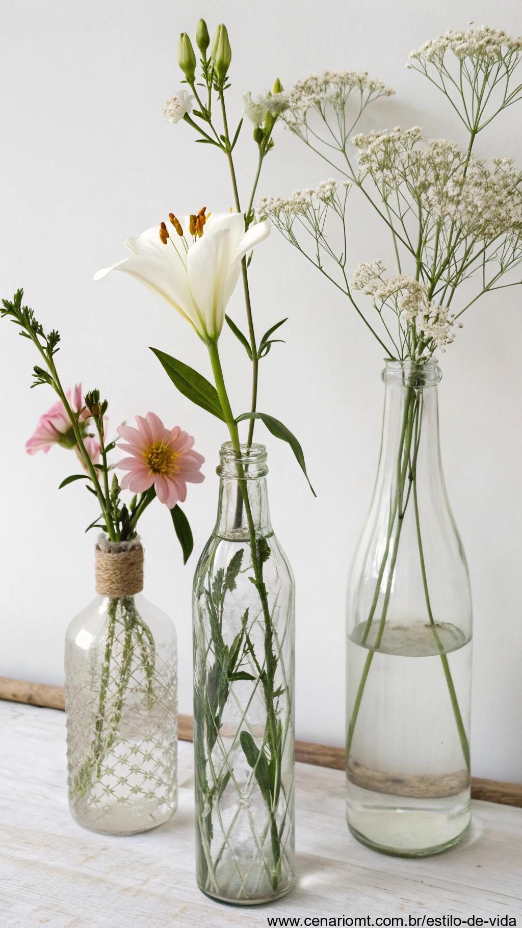 Vasos de flores elegantes feitos de garrafas de vidro reaproveitadas, com designs minimalistas e flores e plantas naturais.