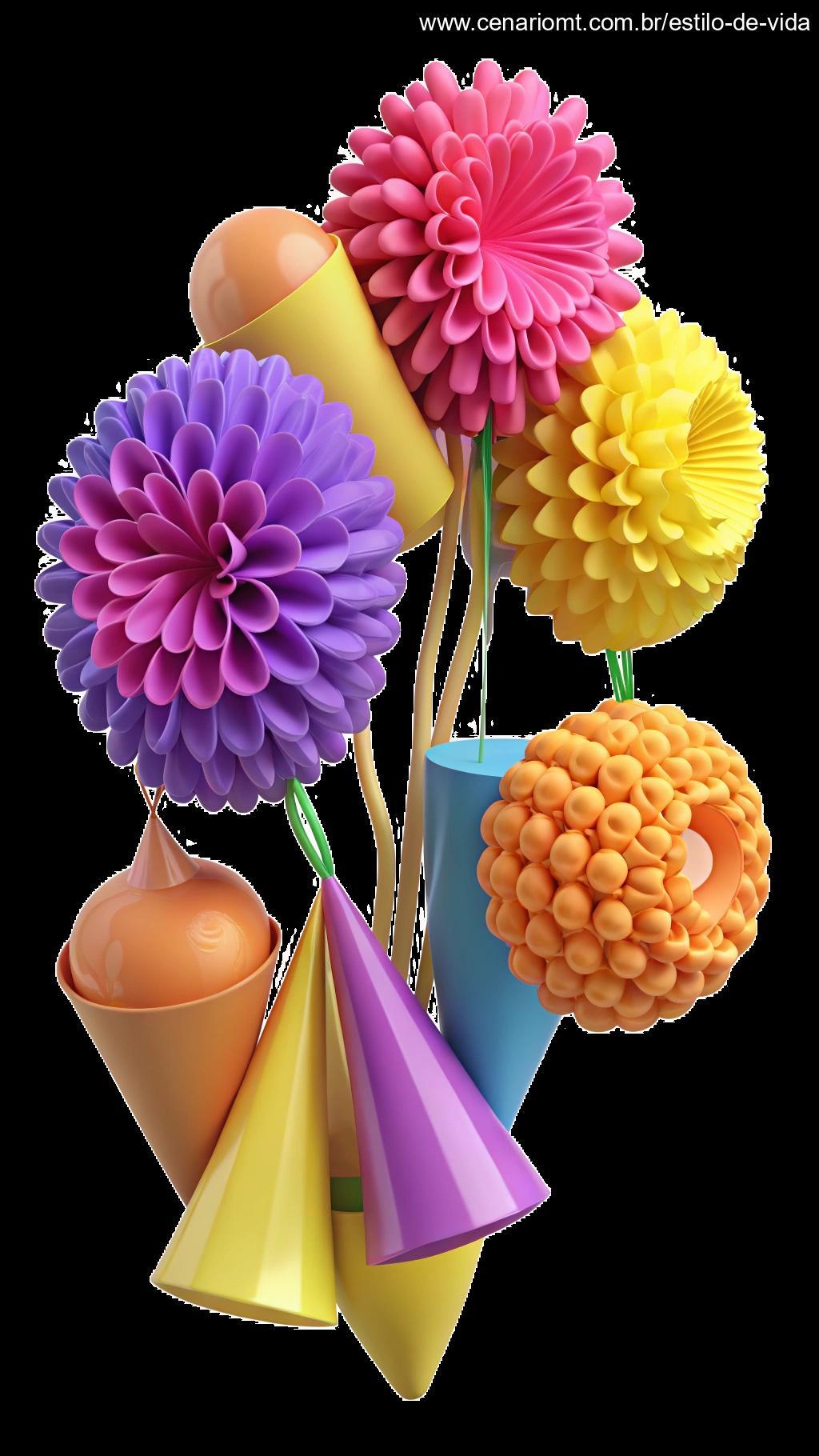 Enfeites de papel crepom, como flores e pompons, decorando uma festa infantil.