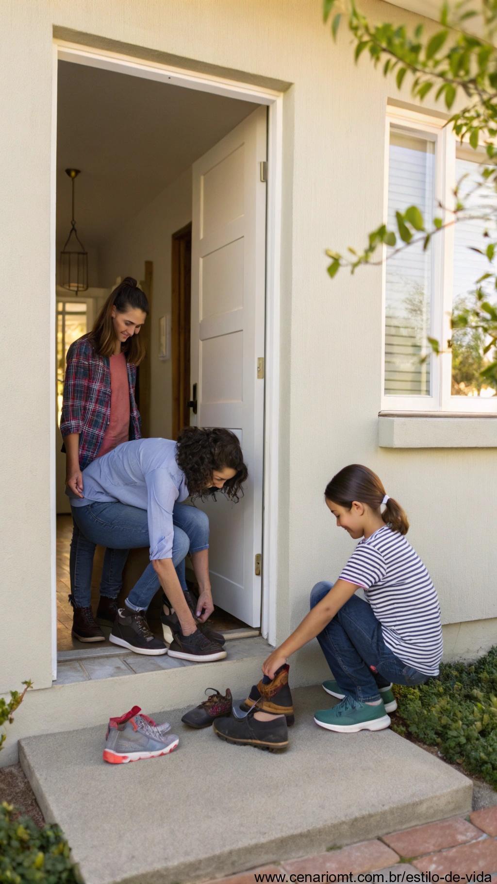 Família tirando sapatos na entrada da casa