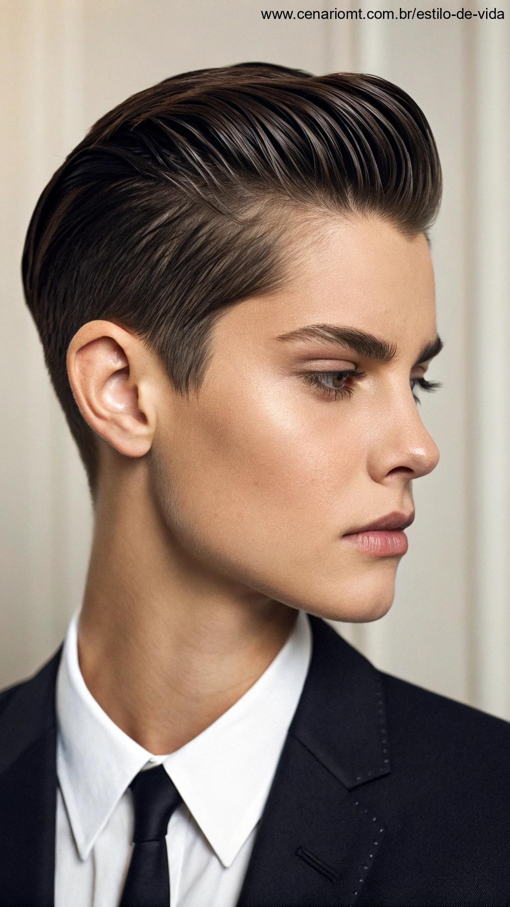 Cabelo curto liso e polido com um toque moderno e sofisticado.
