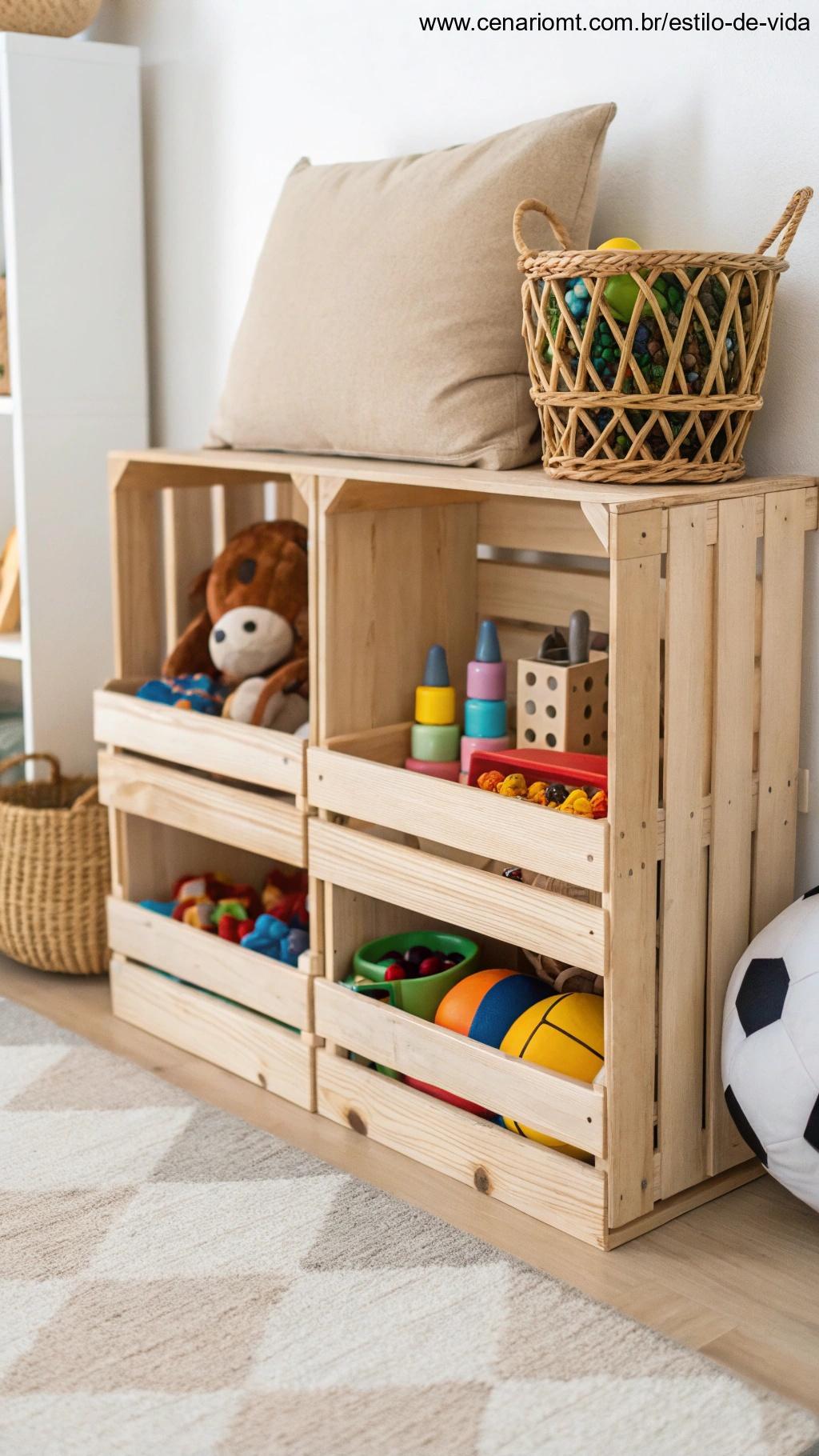 Organizador de brinquedos feito de caixotes de madeira.