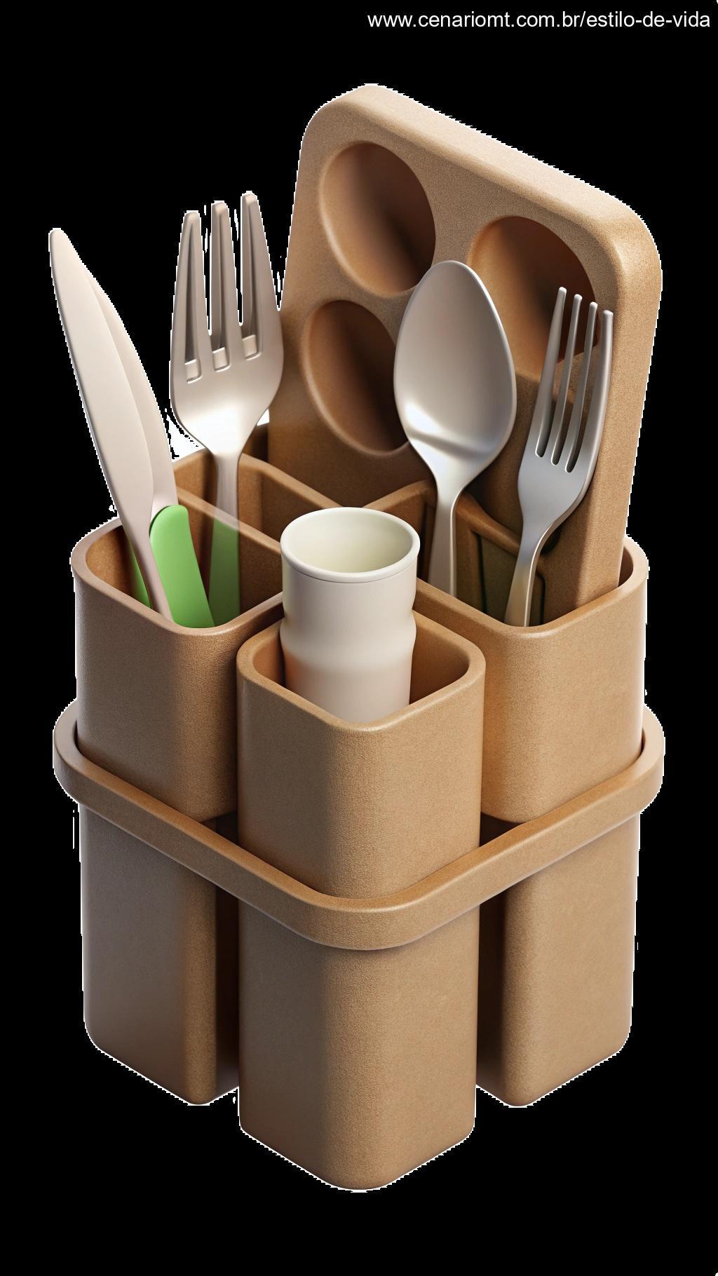 Organizador de talheres feito com materiais reciclados.