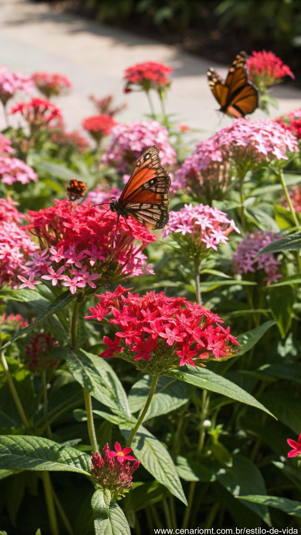 Flores de pentas vermelhas e rosas com borboletas