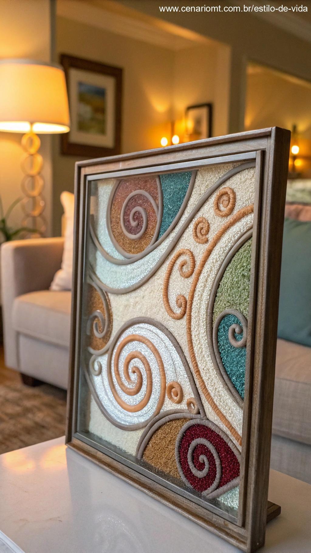 Quadro de areia decorativo emoldurado em vidro, mostrando padrões intrincados de areia girando em cores diferentes, sobre uma mesa em uma sala de estar aconchegante.
