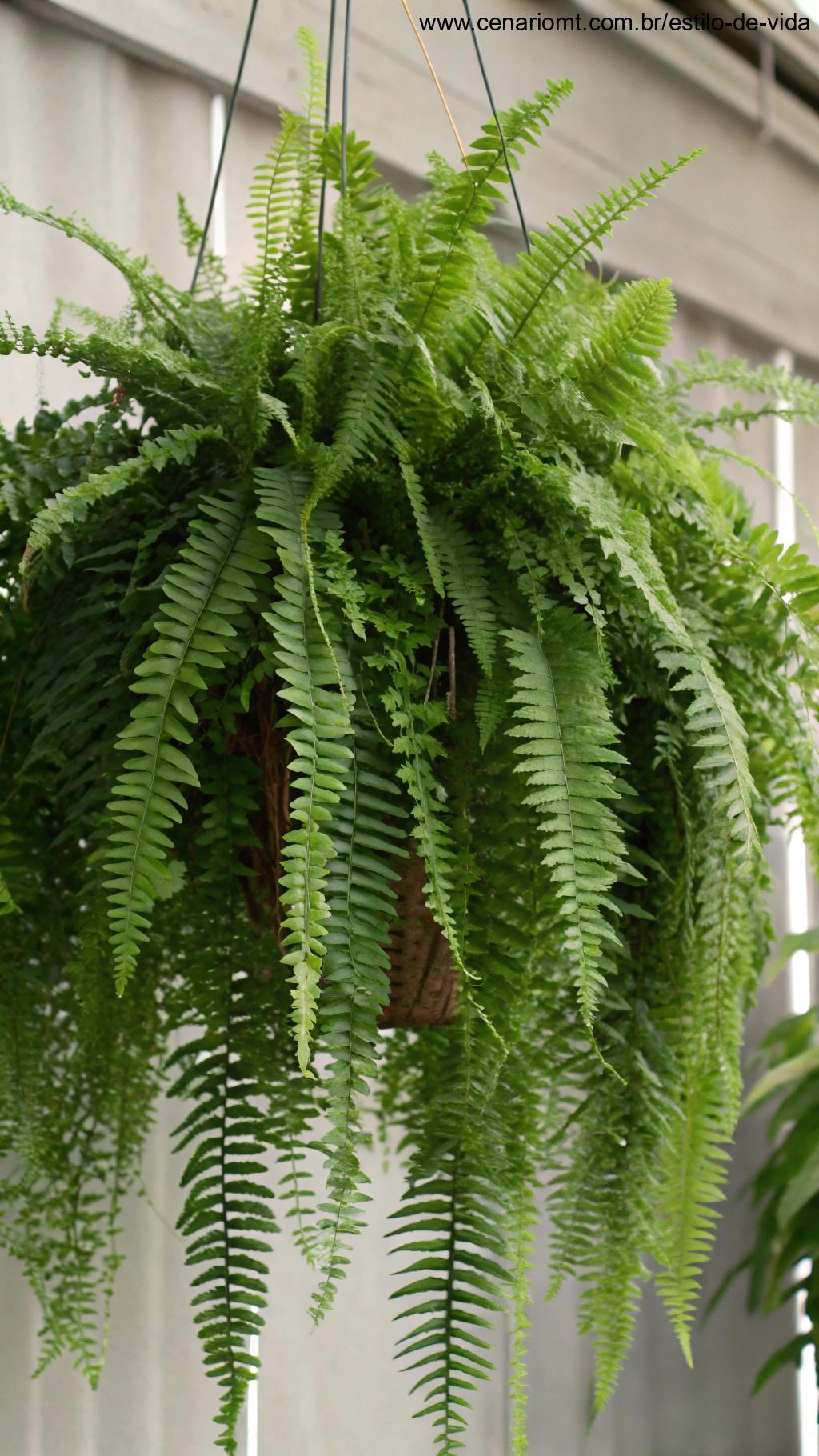 Samambaia com folhagem plumosa em cesto suspenso