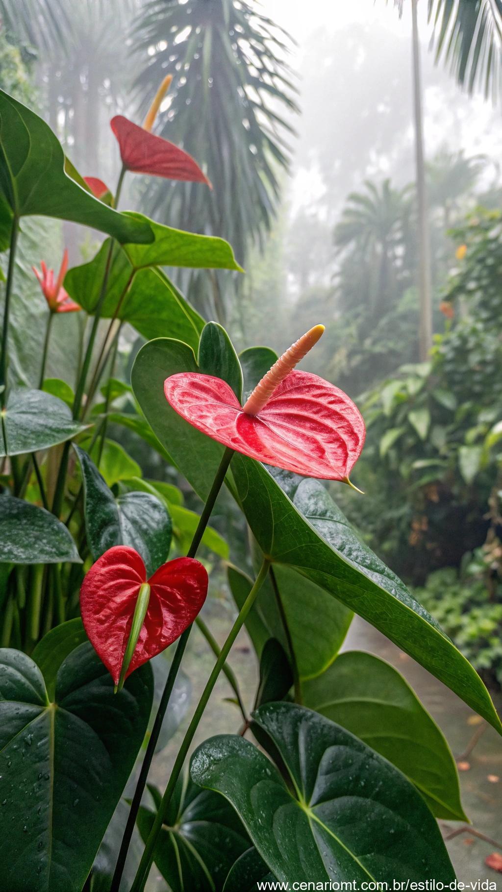 Antúrio com folhas brilhantes e flor vermelha