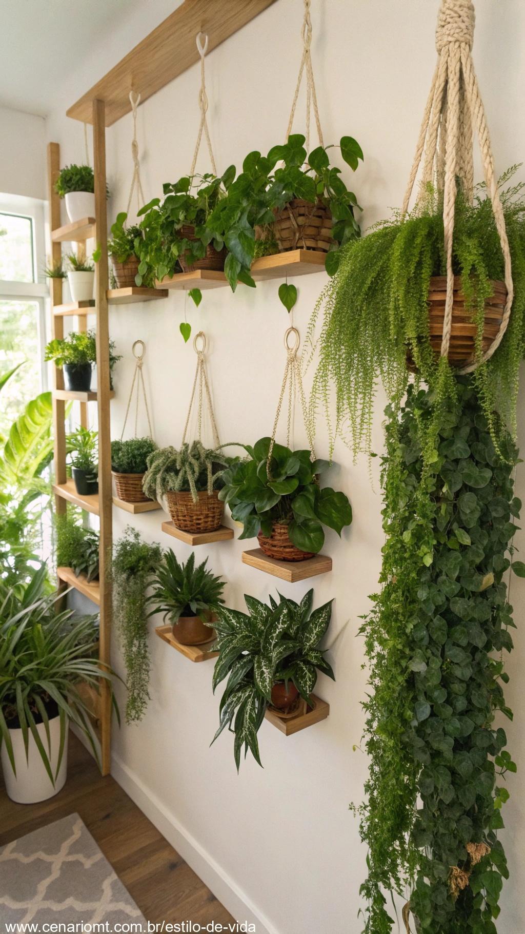 Aproveite o espaço vertical pendurando plantas em vários cômodos, mostrando diferentes formas de incorporar plantas no espaço vertical da casa.