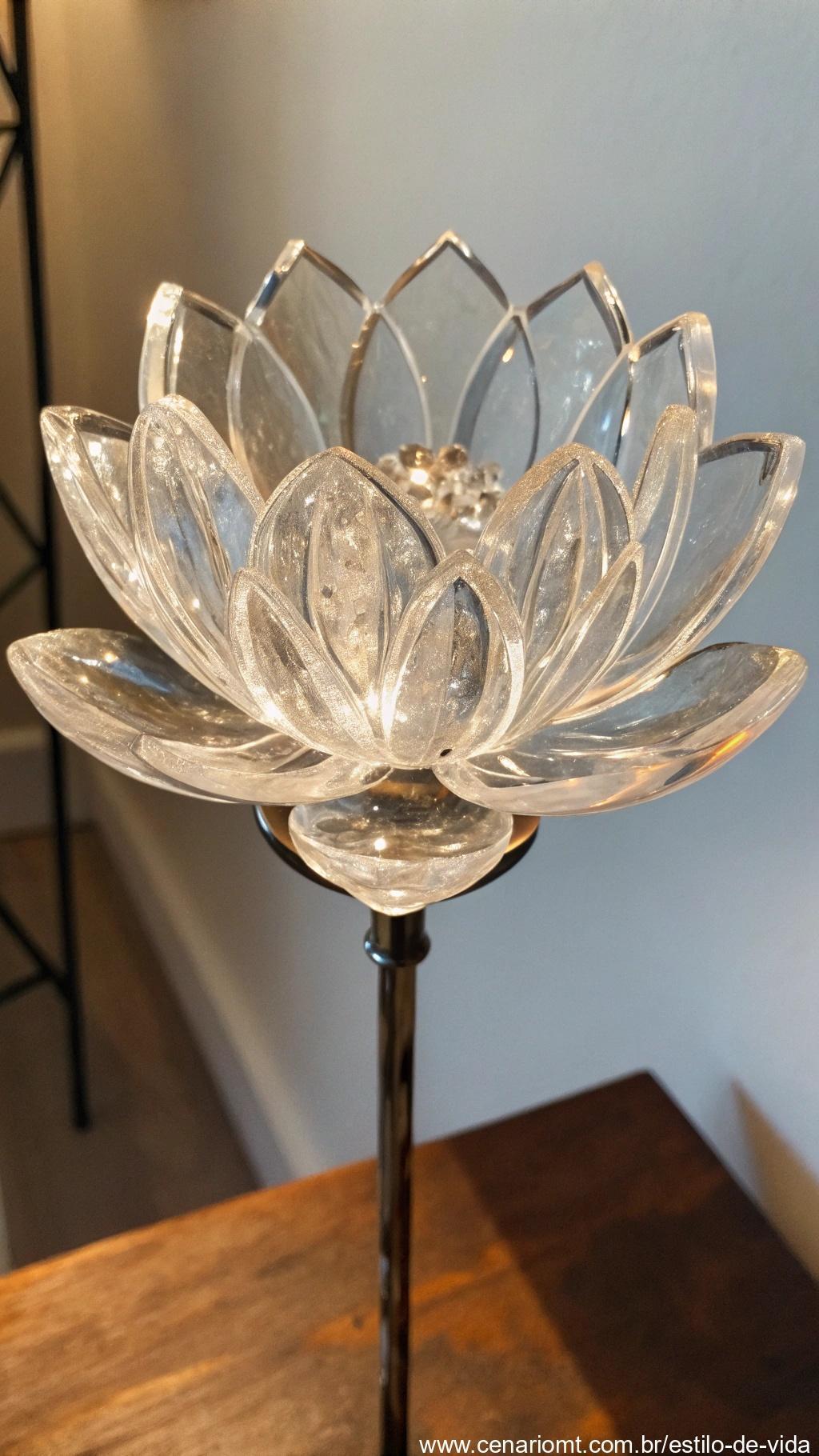 Flor de Vidro com pétalas transparentes refratando luz