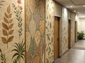 Ideias criativas para decorar paredes com papel de parede reciclado, incluindo texturas naturais e tons terrosos.