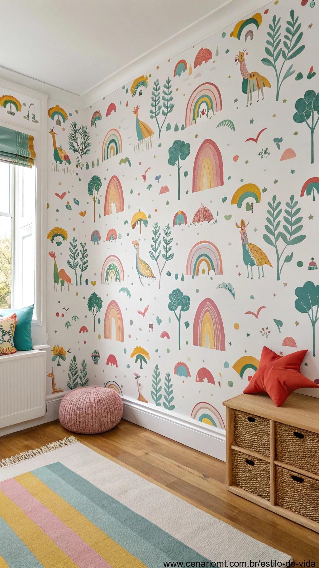 Papel de parede reciclado para quartos infantis, com designs divertidos e cores vibrantes.