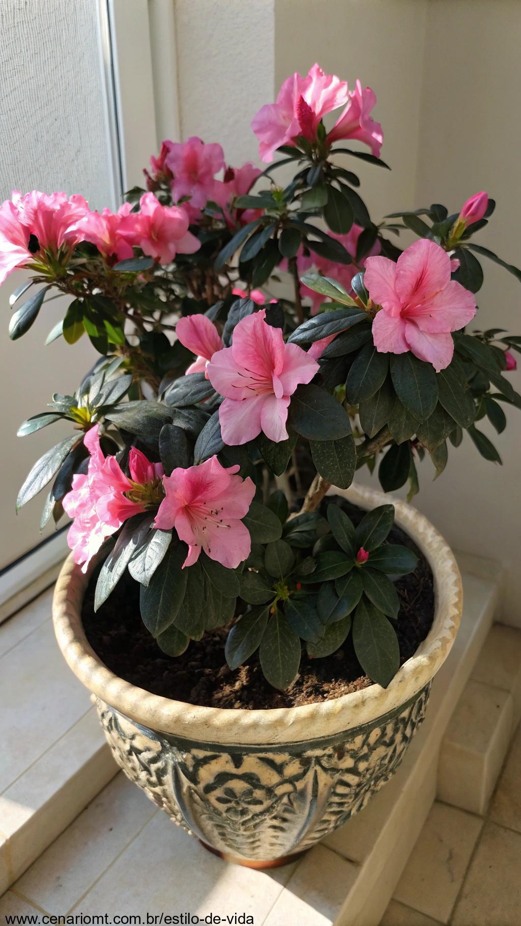 Azaleia com flores rosas vibrantes e folhas verde-escuras
