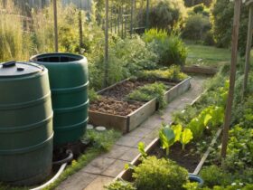 Jardim sustentável com diversas plantas e ferramentas ecológicas